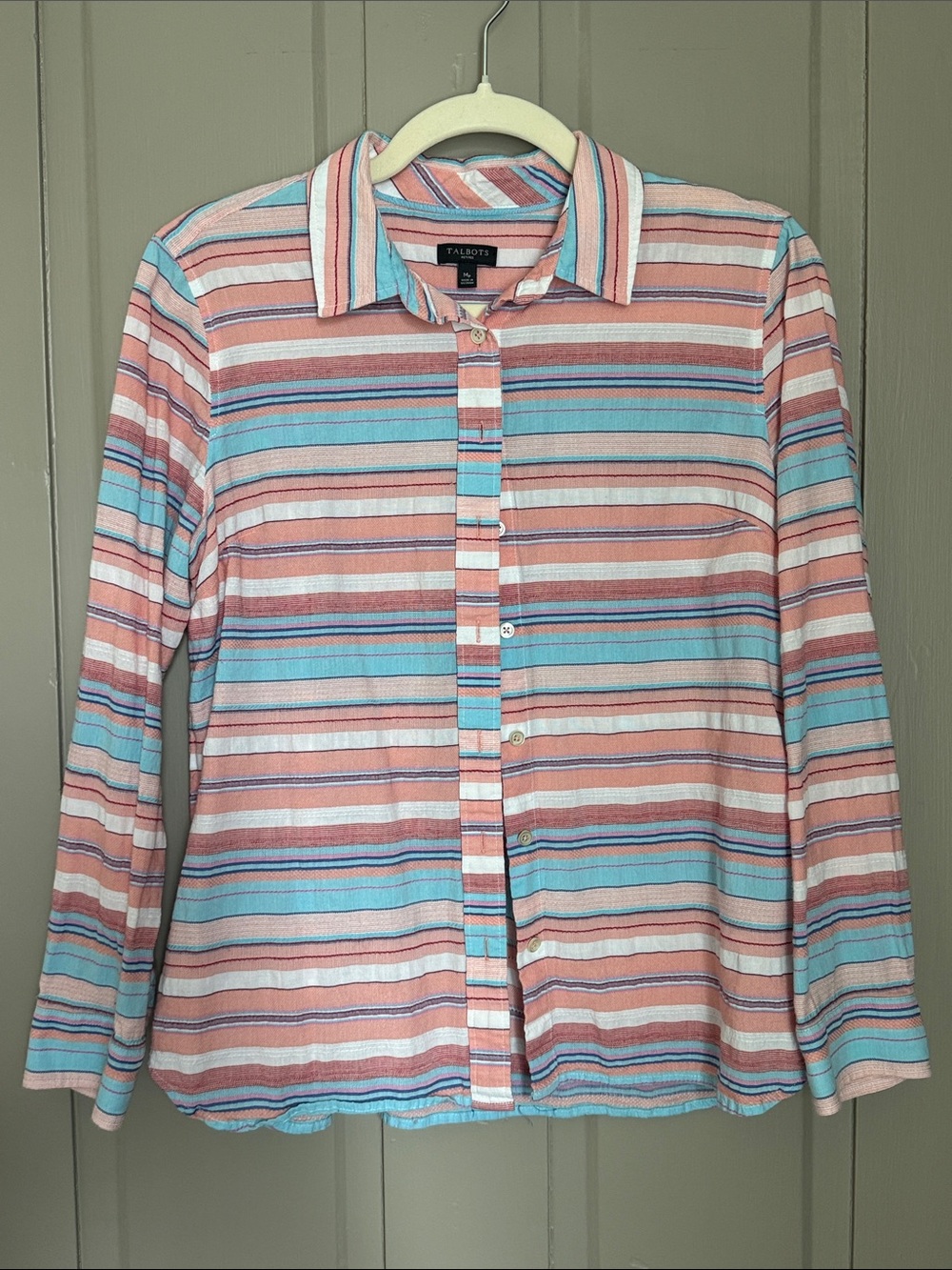 Talbots Coral and Aqua Striped Button-Down Shirt